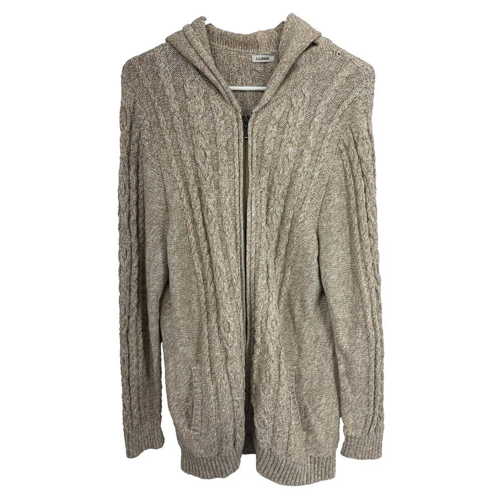 LL Bean Women 2X Cable Knit Full Zip Sweater Hoodie Beige Long Sleeve Everyday